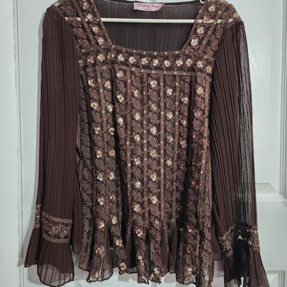 Vintage Brown Sequin Fairy Long Sleeve Blouse